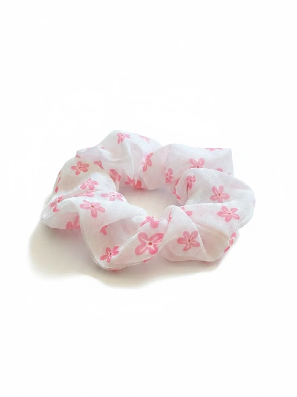 Light Pink Daisy Flower Floral White Semi Sheer Chiffon Ponytail Hold Scrunchie